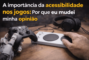 ontrole adaptado e controle tradicional lado a lado sobre mesa, sendo utilizados por pessoa com prótese, destacando a acessibilidade nos jogos e a inclusão de diferentes formas de jogar