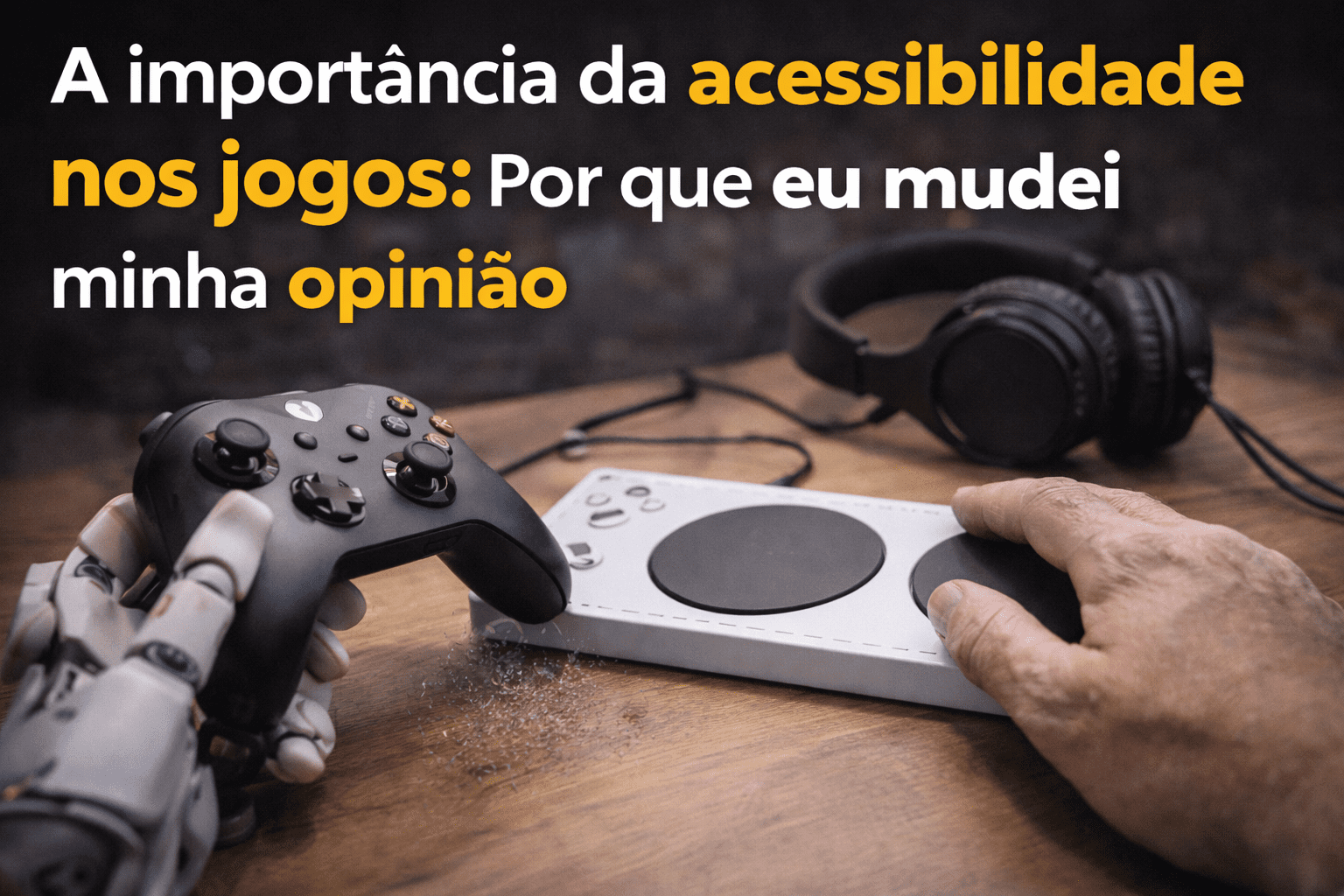 ontrole adaptado e controle tradicional lado a lado sobre mesa, sendo utilizados por pessoa com prótese, destacando a acessibilidade nos jogos e a inclusão de diferentes formas de jogar