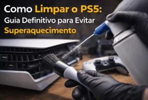 Console PlayStation 5 sendo limpo com pincel e ar comprimido, removendo poeira das entradas de ventilação para evitar superaquecimento, com controle ao fundo em ambiente técnico