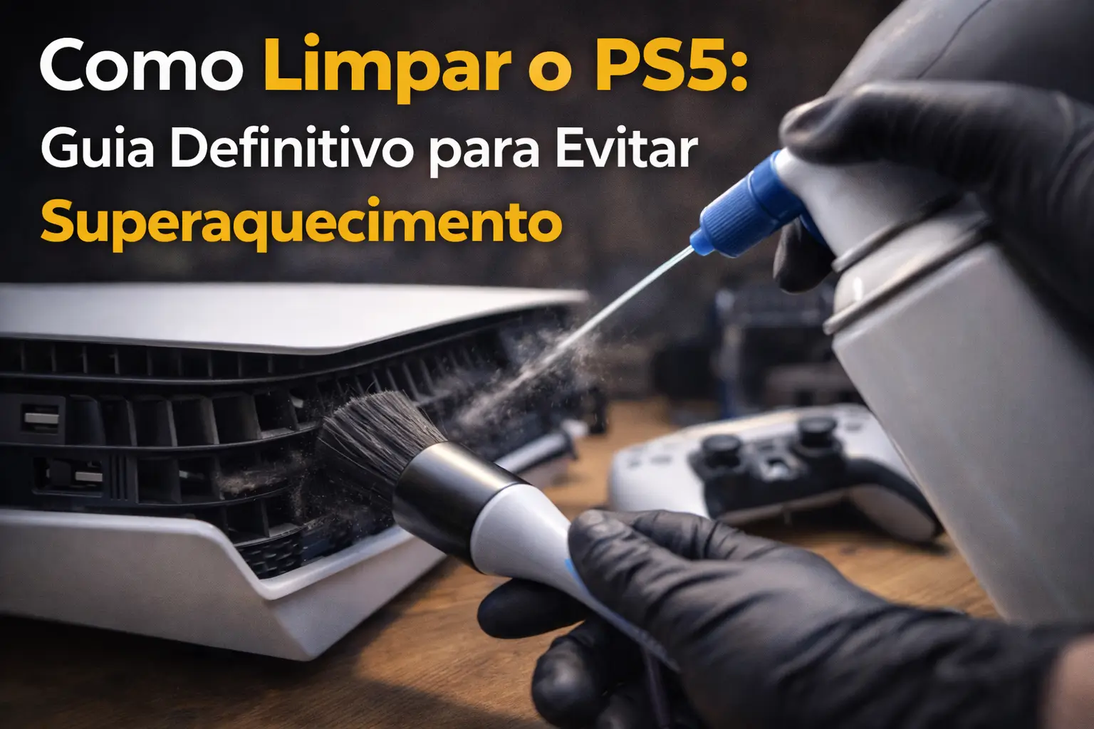 Console PlayStation 5 sendo limpo com pincel e ar comprimido, removendo poeira das entradas de ventilação para evitar superaquecimento, com controle ao fundo em ambiente técnico