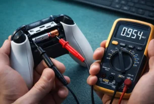 Close-up de um controle de Xbox aberto mostrando a bateria sendo testada com um multímetro digital, exibindo a voltagem na tela. Mãos seguram o controle e as pontas de medição, em um ambiente tecnológico, ilustrando o processo de calibração da bateria para evitar leituras incorretas.