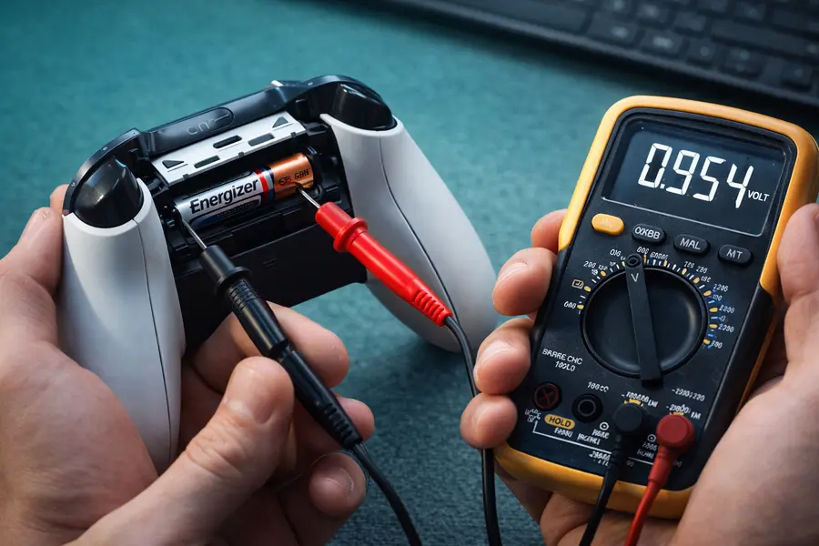 Close-up de um controle de Xbox aberto mostrando a bateria sendo testada com um multímetro digital, exibindo a voltagem na tela. Mãos seguram o controle e as pontas de medição, em um ambiente tecnológico, ilustrando o processo de calibração da bateria para evitar leituras incorretas.