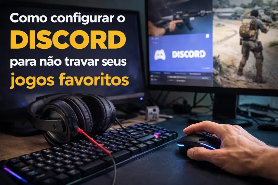 Setup gamer com computador exibindo o Discord aberto, enquanto um jogo roda ao lado; teclado RGB, headset e mouse em uso, representando otimização do Discord para melhorar o desempenho nos jogos