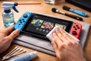 Close-up de um Nintendo Switch sendo limpo com um pano de microfibra, enquanto mãos seguram o console com Joy-Cons coloridos. Ao redor, itens de limpeza como cotonetes, pincel e spray, ilustrando o processo seguro de higienização do videogame sem danificar a tela ou os componentes