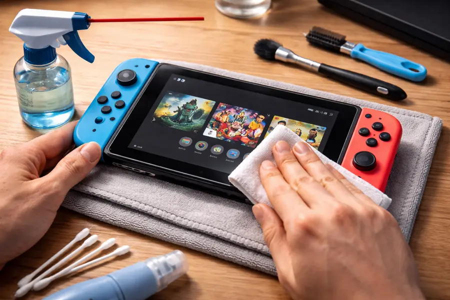 Close-up de um Nintendo Switch sendo limpo com um pano de microfibra, enquanto mãos seguram o console com Joy-Cons coloridos. Ao redor, itens de limpeza como cotonetes, pincel e spray, ilustrando o processo seguro de higienização do videogame sem danificar a tela ou os componentes