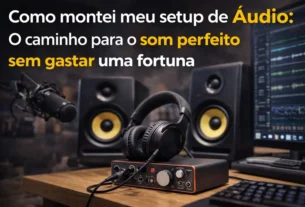 Setup de áudio caseiro com interface de áudio, microfone condensador, fones de ouvido e monitores de estúdio sobre mesa de madeira, representando a montagem de um sistema de som de alta qualidade com baixo custo