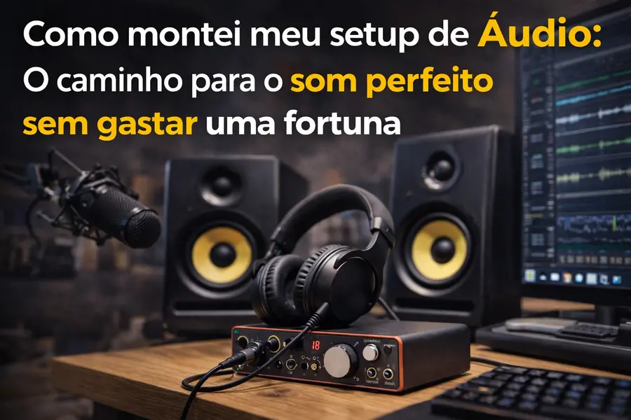 Setup de áudio caseiro com interface de áudio, microfone condensador, fones de ouvido e monitores de estúdio sobre mesa de madeira, representando a montagem de um sistema de som de alta qualidade com baixo custo