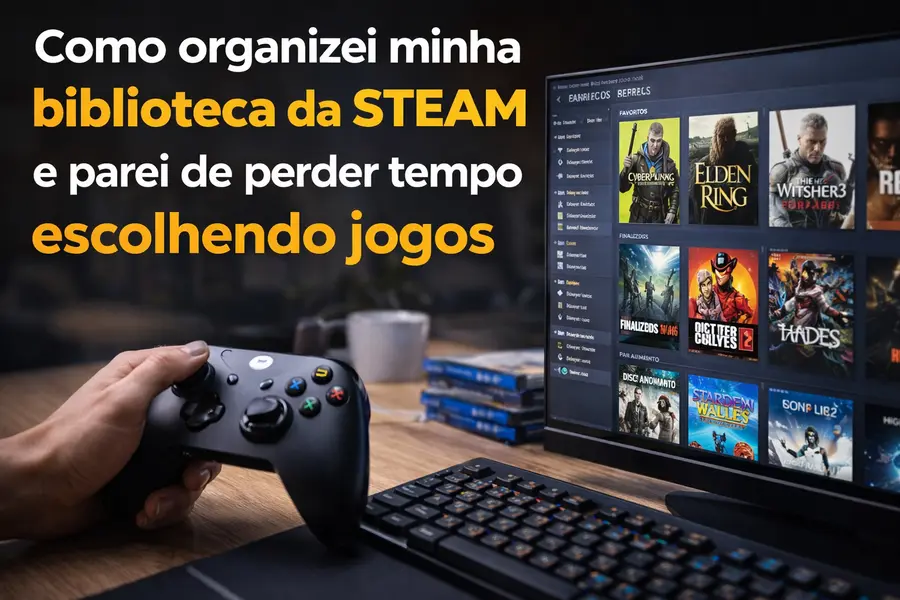 Setup gamer com monitor exibindo a biblioteca organizada da Steam, enquanto uma pessoa segura um controle, destacando a organização de jogos para economizar tempo na escolha do que jogar