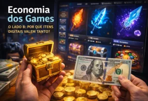 Baú de ouro e dinheiro real ao lado de itens digitais de jogo, representando o valor dos itens virtuais na economia dos games