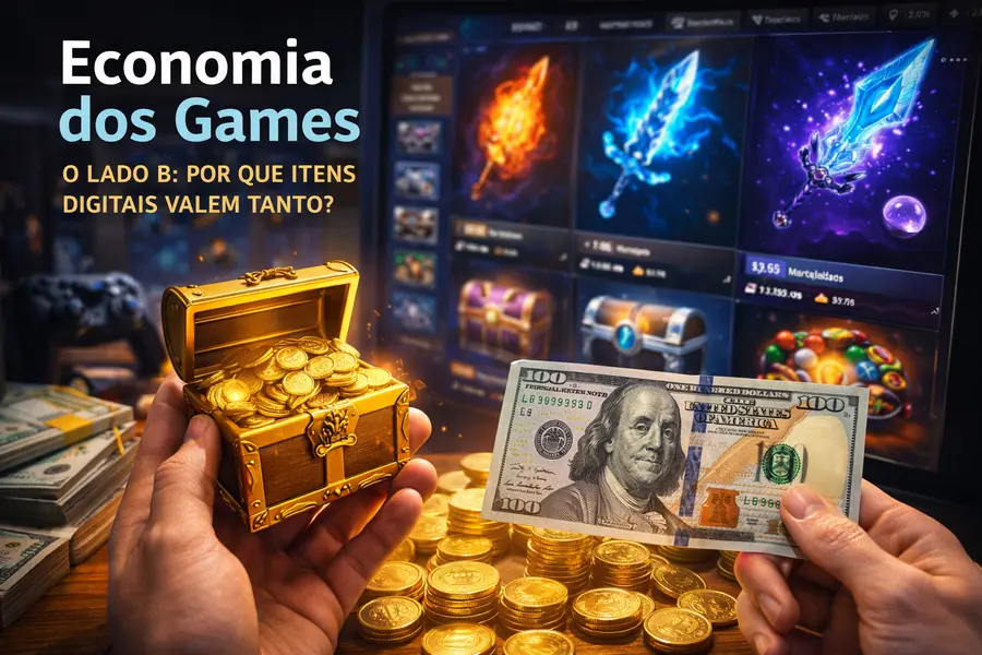 Baú de ouro e dinheiro real ao lado de itens digitais de jogo, representando o valor dos itens virtuais na economia dos games