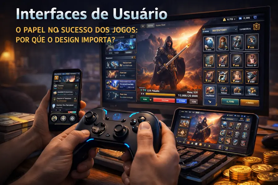 Pessoa segurando um controle enquanto joga em um setup com múltiplas telas exibindo interfaces de usuário detalhadas, incluindo menus, inventário e HUD, destacando a importância do design UI na experiência dos jogos