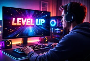 Especialista em tecnologia analisando como os games ensinam sobre a vida em seu setup de testes.