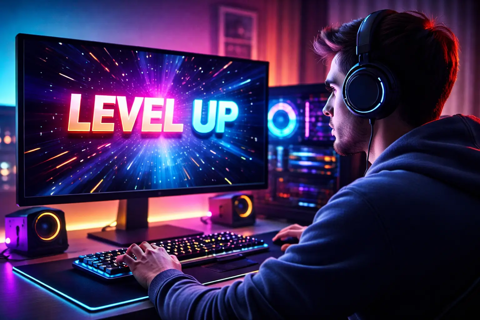 Especialista em tecnologia analisando como os games ensinam sobre a vida em seu setup de testes.