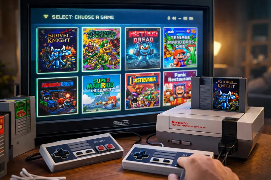 Console Nintendo Entertainment System (NES) clássico conectado a uma TV CRT exibindo uma seleção de jogos em estilo retrô, com controles originais e cartuchos sobre uma mesa de madeira, destacando a nostalgia e a relevância contínua do Nintendinho com novos títulos inspirados nos últimos anos