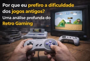 Controle clássico sendo utilizado em frente a uma TV antiga com jogo retrô na tela, com console e cartuchos ao fundo, destacando a experiência desafiadora e nostálgica dos jogos antigos