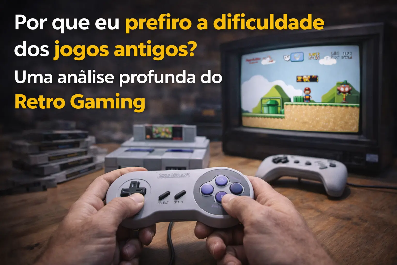 Controle clássico sendo utilizado em frente a uma TV antiga com jogo retrô na tela, com console e cartuchos ao fundo, destacando a experiência desafiadora e nostálgica dos jogos antigos
