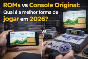 Comparação entre jogar por ROMs em smartphone e console clássico original, mostrando gameplay retrô em ambos, destacando as diferenças entre emulação e experiência autêntica em videogame antigo