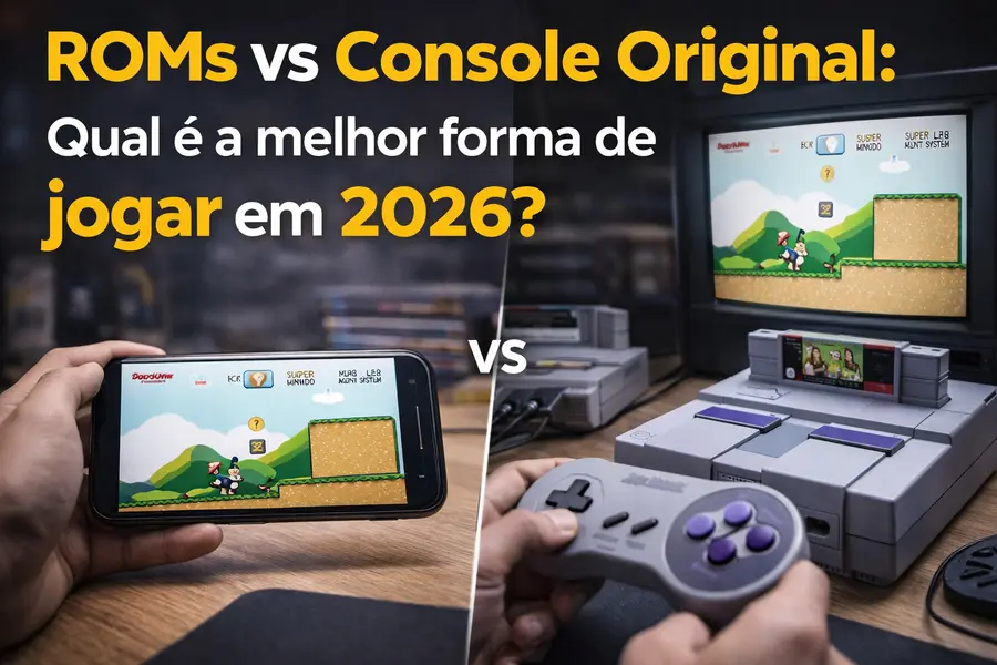 Comparação entre jogar por ROMs em smartphone e console clássico original, mostrando gameplay retrô em ambos, destacando as diferenças entre emulação e experiência autêntica em videogame antigo