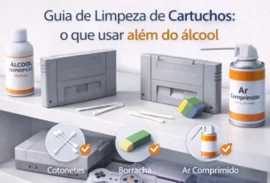 Cartuchos retrô sobre prateleira branca com itens de limpeza como cotonetes, borracha e ar comprimido, em um ambiente clean e organizado