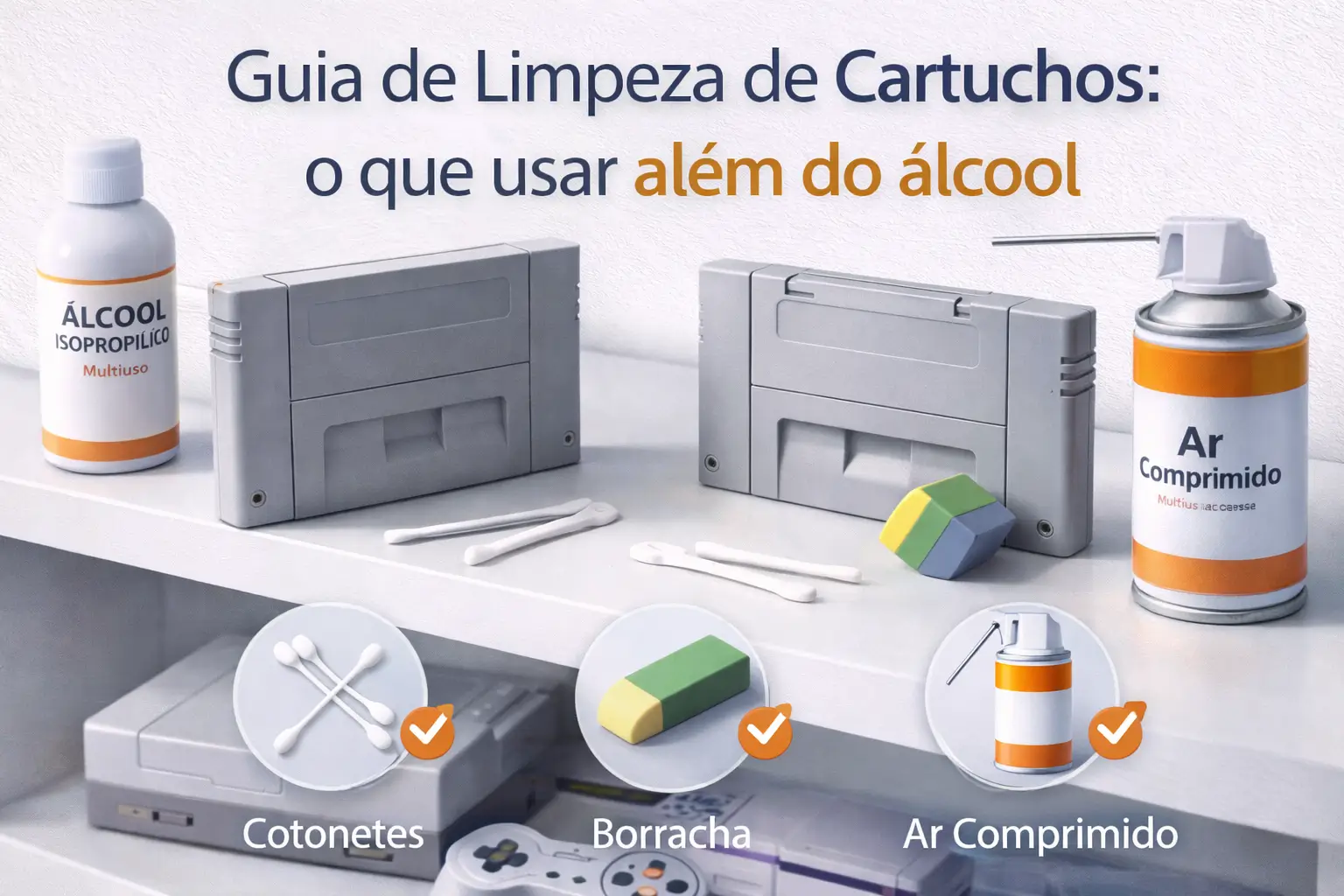 Cartuchos retrô sobre prateleira branca com itens de limpeza como cotonetes, borracha e ar comprimido, em um ambiente clean e organizado