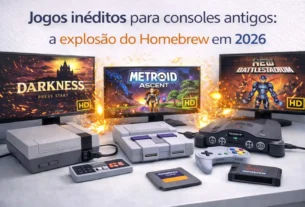 Consoles clássicos (NES, SNES e N64) em bancada limpa, conectados a monitores exibindo jogos modernos estilo homebrew, com iluminação clara e efeito dinâmico ao fundo