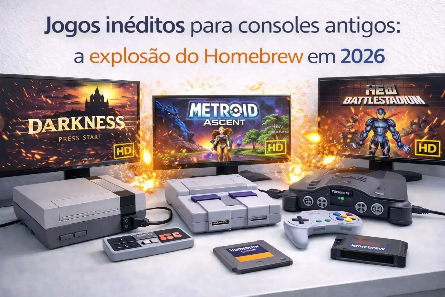 Consoles clássicos (NES, SNES e N64) em bancada limpa, conectados a monitores exibindo jogos modernos estilo homebrew, com iluminação clara e efeito dinâmico ao fundo