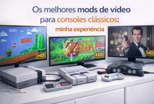 Consoles clássicos conectados a TVs modernas exibindo jogos em alta definição, destacando mods de vídeo em um setup clean e bem iluminado.