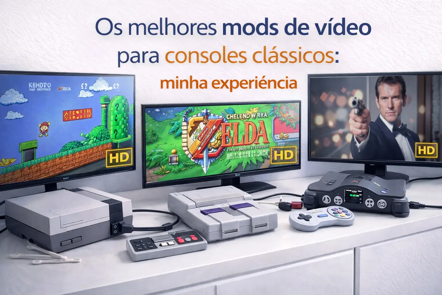Consoles clássicos conectados a TVs modernas exibindo jogos em alta definição, destacando mods de vídeo em um setup clean e bem iluminado.
