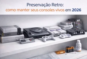 Consoles retrô organizados em prateleira branca com itens de manutenção ao lado, destacando preservação e cuidado.